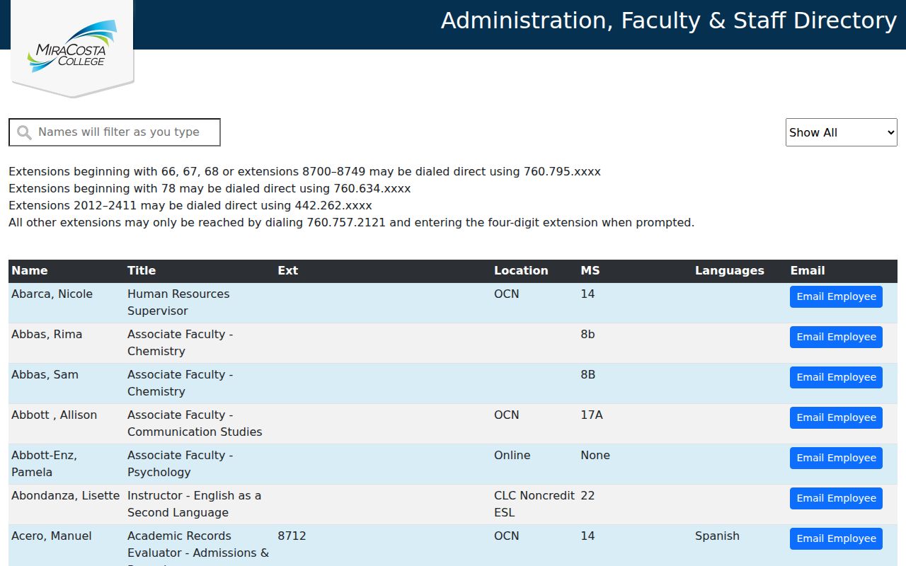 Oceanside people directories screenshot of the MiraCosta College directory