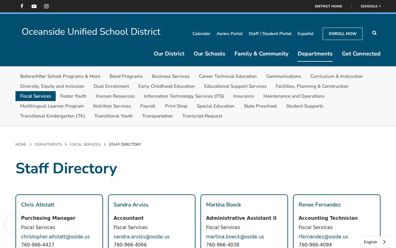Oceanside people directories screenshot of the OUSD staff directory