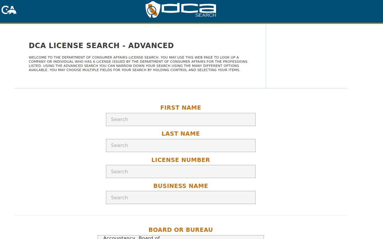 Oceanside public records DCA advanced license search fields